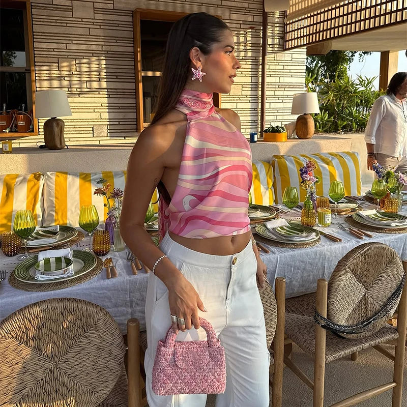 Chic Printed Halter Top Shirt Long Skirt Set Lady 2025 Retro Backless Tops Lapel Shirts Loose Skirts Sets Women Casual Holiday