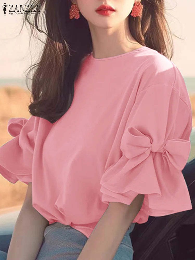 ZANZEA 2025 Summer Tops Women Bow Tie Ruffles Chiffon Blouse Elegant Lantern Short Sleeve Shiirt Vintage Patchwork Korean Tunic
