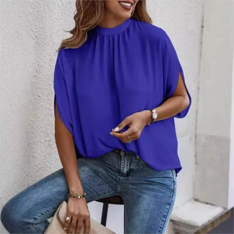 Spring And Summer Casual Green Round Neck Short Sleeved Loose Shirt 2024 Women's Fashionable Printed Split Bat Sleeve Blouse Y2k