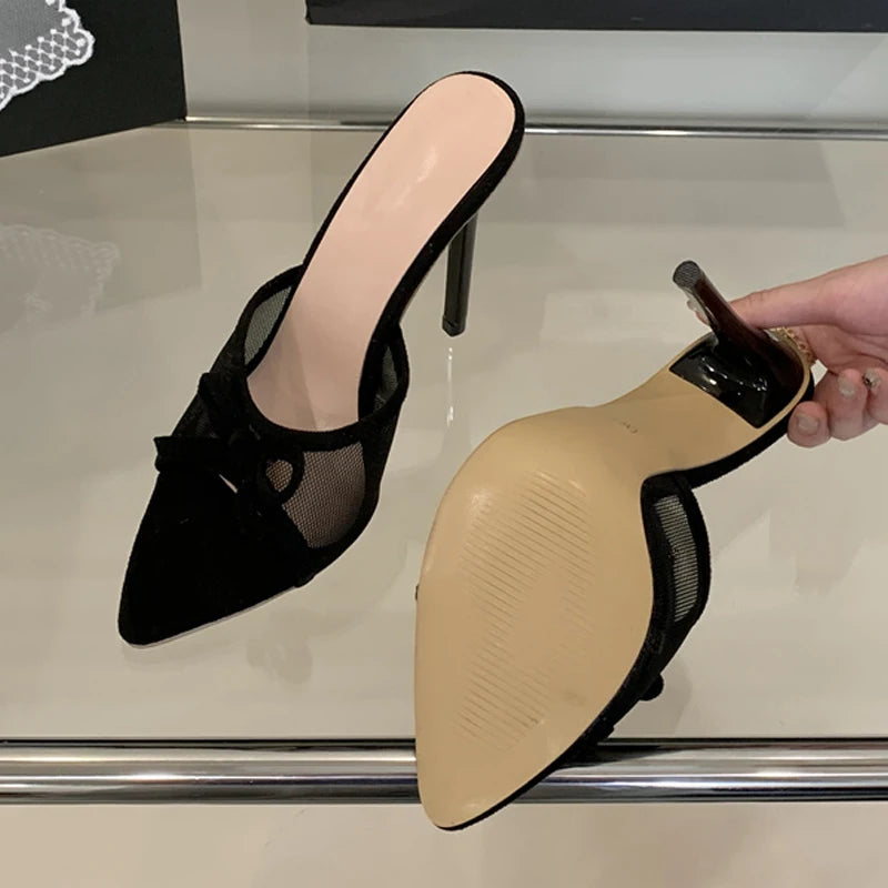 Liyke Street Fashion Bowknot Mesh Women Slippers Sandals Sexy Pointed Open Toe Black High Heels Mules Slides Party Banquet Shoes
