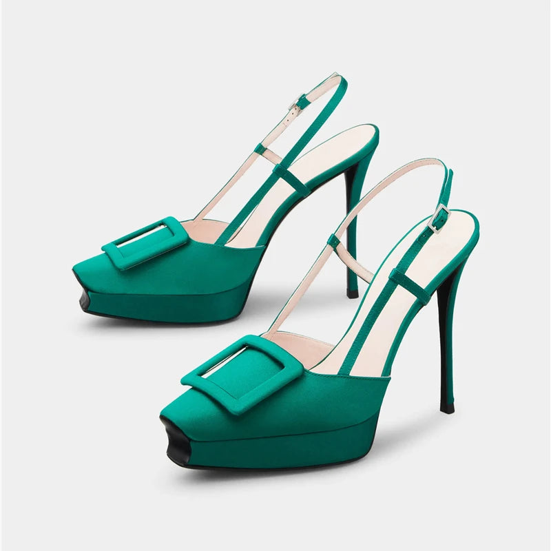 Brand Big Buckle Women Shoes Summer Square-toe Platform Stiletto Shoe Fashion Closed Toe  Strap High-Heeled Formal Dress Sandals