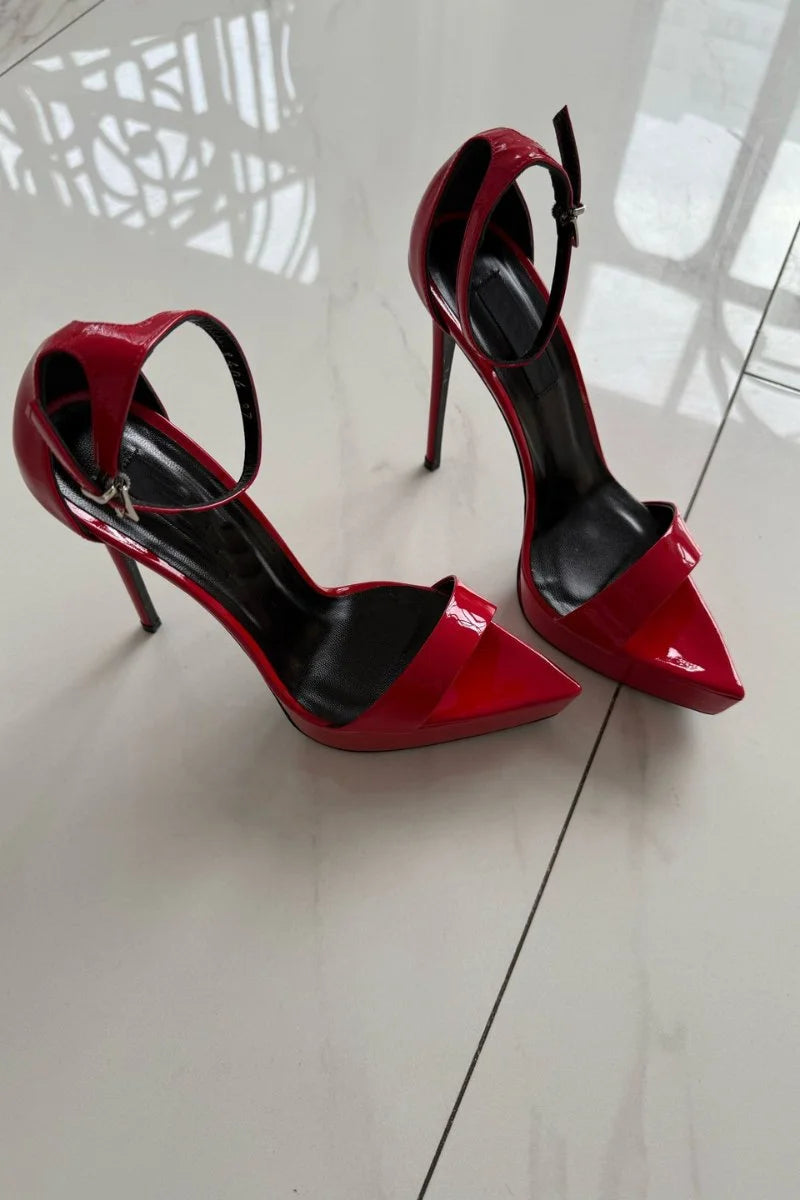 Sexy Pointed Toe Platform Leather Sandals Women's Nude/Black/Red Ankle Strap Super High Heels Chic Big Size Luxury Design Shoes