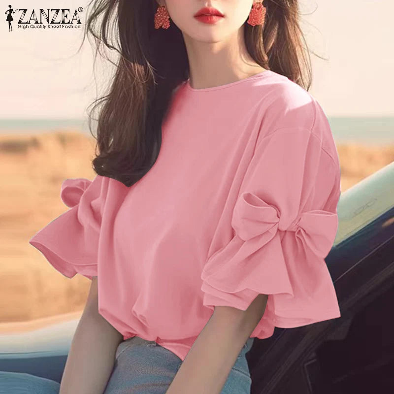 ZANZEA 2025 Summer Tops Women Bow Tie Ruffles Chiffon Blouse Elegant Lantern Short Sleeve Shiirt Vintage Patchwork Korean Tunic