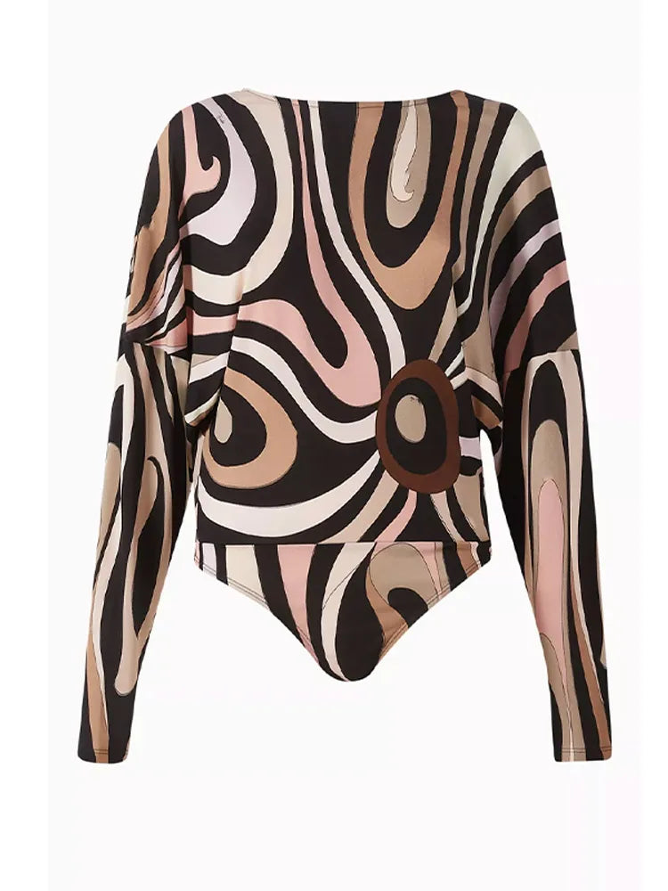 Chic Printed Short Jumpsuit Pants Set Women Slim O-neck Full Sleeve Romper Wide Leg Trouser 2025 Summer Autumn Lady Casual Suit
