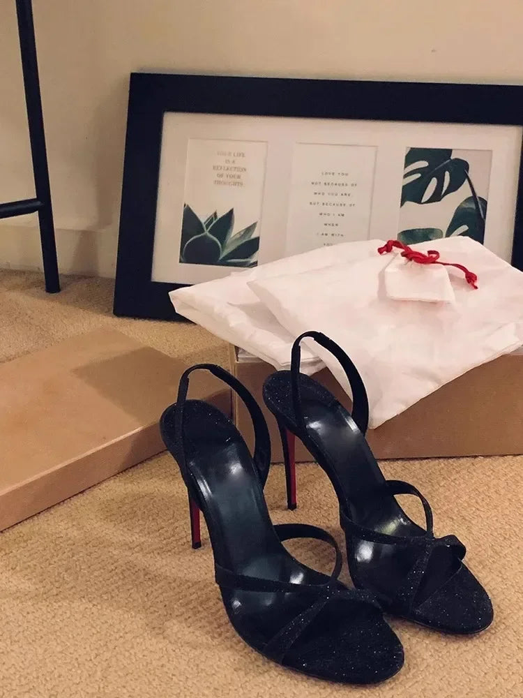 Summer Sexy Women's High Heel Sandals Thin Heels Bling One Kick Ladies Shoes Dress Banquet Lovely Elastic Luxury  Sandalias