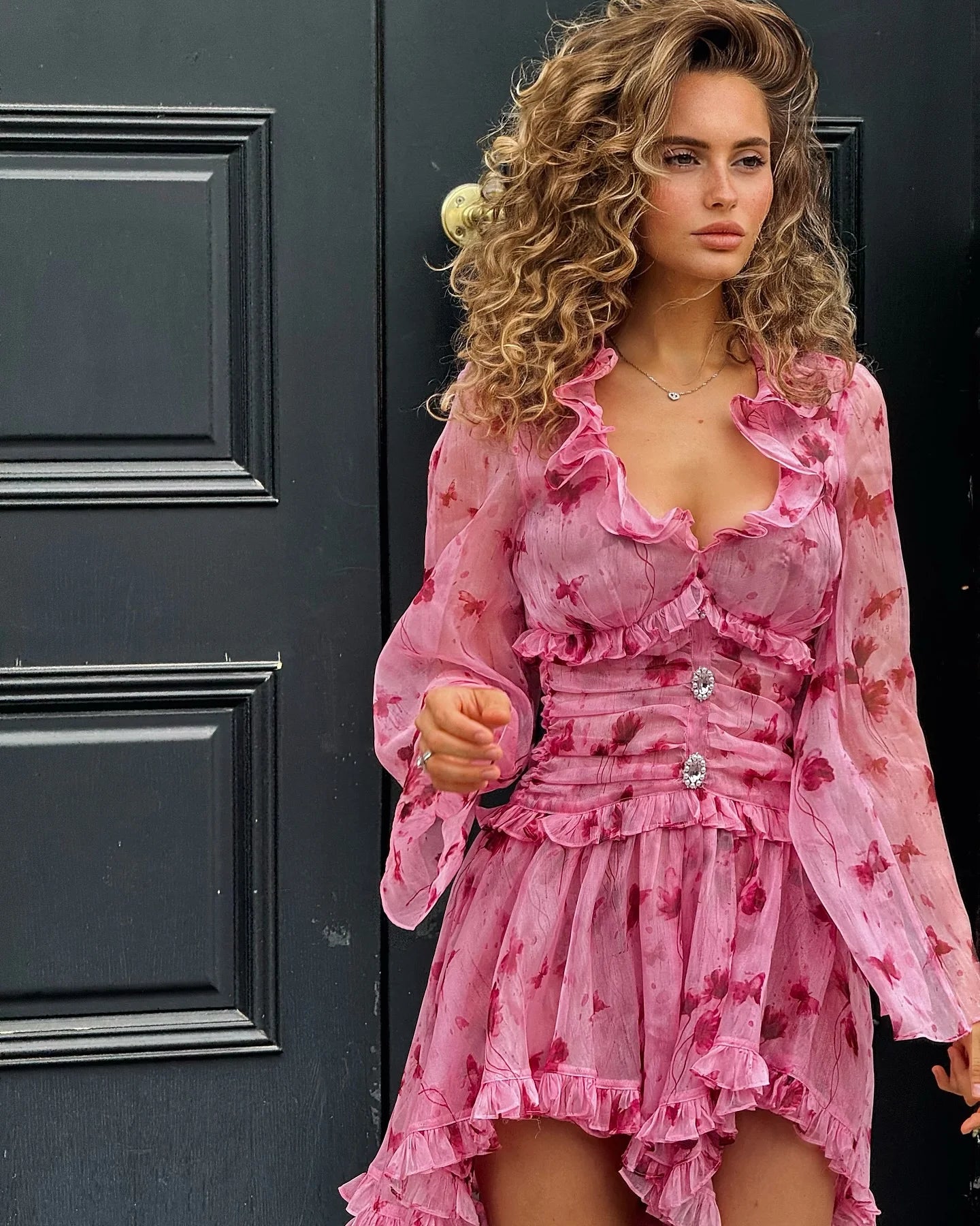 Retro Printed Ruffles Low Cut Mini Dress Lady Sexy Pleated Irregular Waist-cinching Dresses Female Summer Chic Street Vestidos