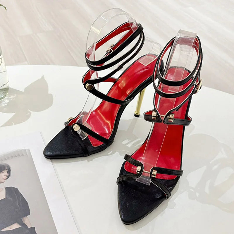 Liyke Brand Fashion Metal Decoration Designer High Heels Sandals Women Sexy Pointed Toe Party Stripper Shoes Sandalias Mujer