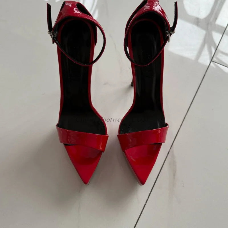 Sexy Pointed Toe Platform Leather Sandals Women's Nude/Black/Red Ankle Strap Super High Heels Chic Big Size Luxury Design Shoes