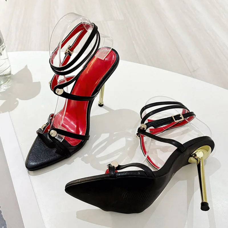Liyke Brand Fashion Metal Decoration Designer High Heels Sandals Women Sexy Pointed Toe Party Stripper Shoes Sandalias Mujer