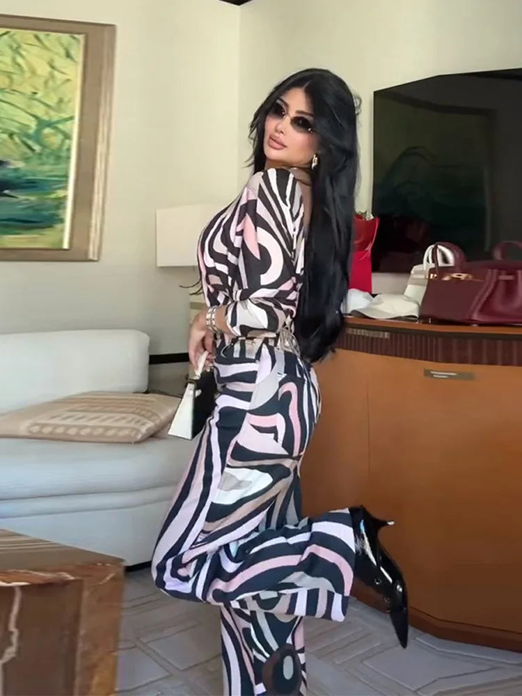 Chic Printed Short Jumpsuit Pants Set Women Slim O-neck Full Sleeve Romper Wide Leg Trouser 2025 Summer Autumn Lady Casual Suit