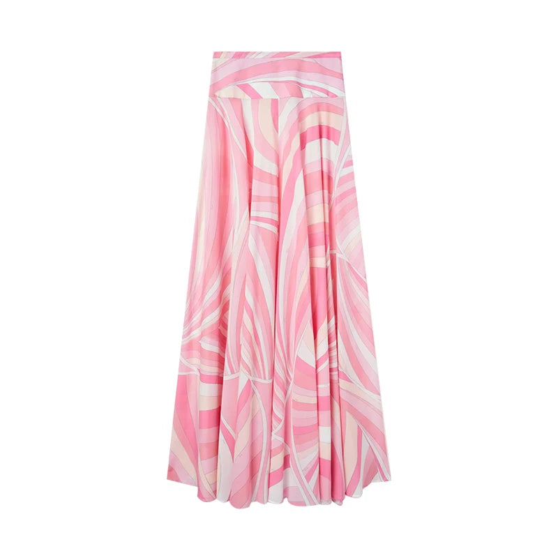 Chic Printed Halter Top Shirt Long Skirt Set Lady 2025 Retro Backless Tops Lapel Shirts Loose Skirts Sets Women Casual Holiday