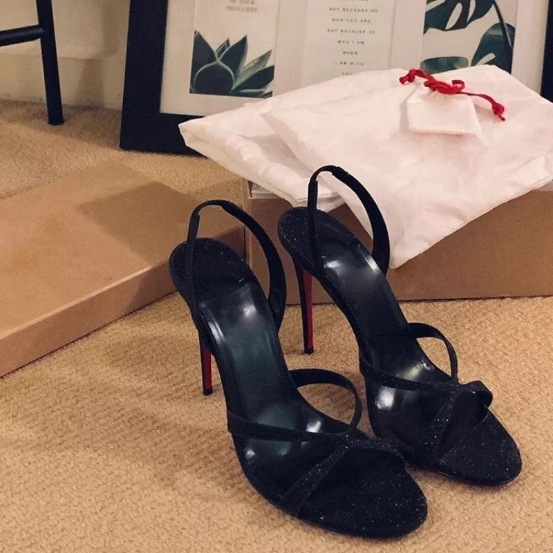 Summer Sexy Women's High Heel Sandals Thin Heels Bling One Kick Ladies Shoes Dress Banquet Lovely Elastic Luxury  Sandalias