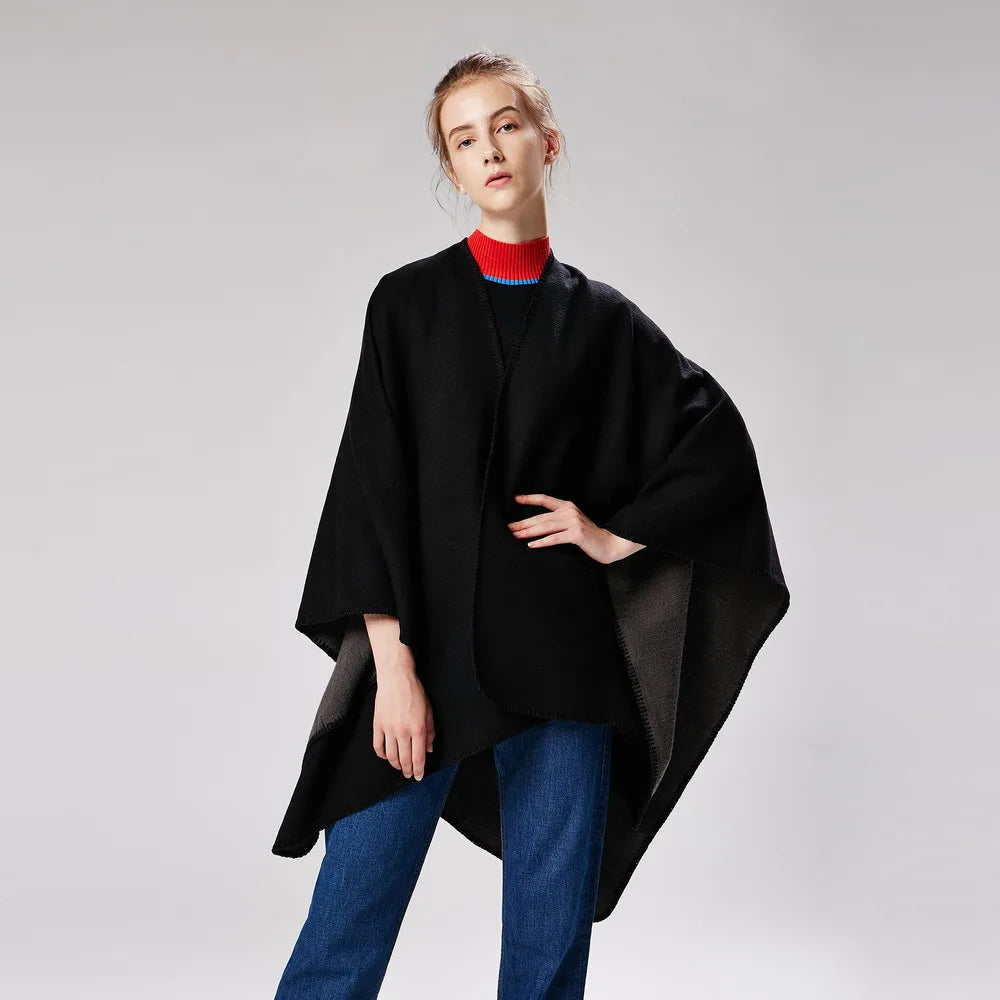 Autumn Winter Solid Color Imitation Cashmere Large Fork Shawl Warm Monochrome Cloak  Ponchos Capes Navy