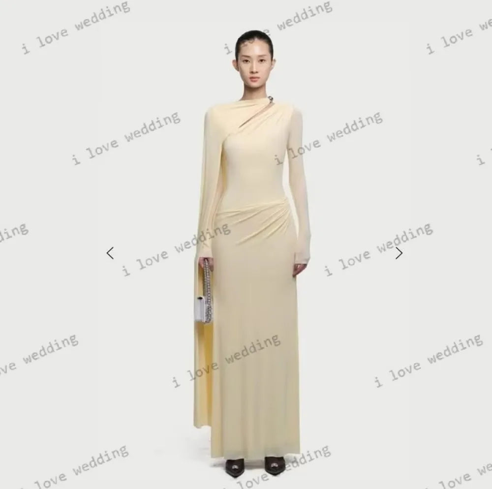 Long Evening Dresses 2025 Tender Yellow Wedding Party Dress Satin Halter Long Sleeve Formal Dubai Prom Dress Elegant Customized
