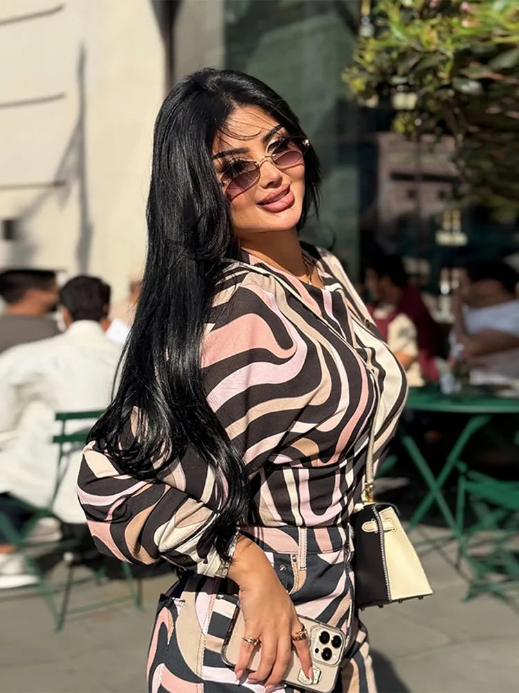 Chic Printed Short Jumpsuit Pants Set Women Slim O-neck Full Sleeve Romper Wide Leg Trouser 2025 Summer Autumn Lady Casual Suit