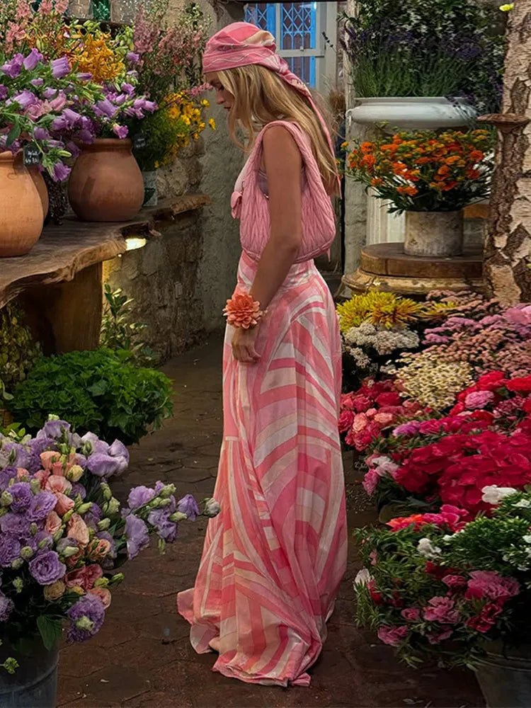 Chic Printed Halter Top Shirt Long Skirt Set Lady 2025 Retro Backless Tops Lapel Shirts Loose Skirts Sets Women Casual Holiday