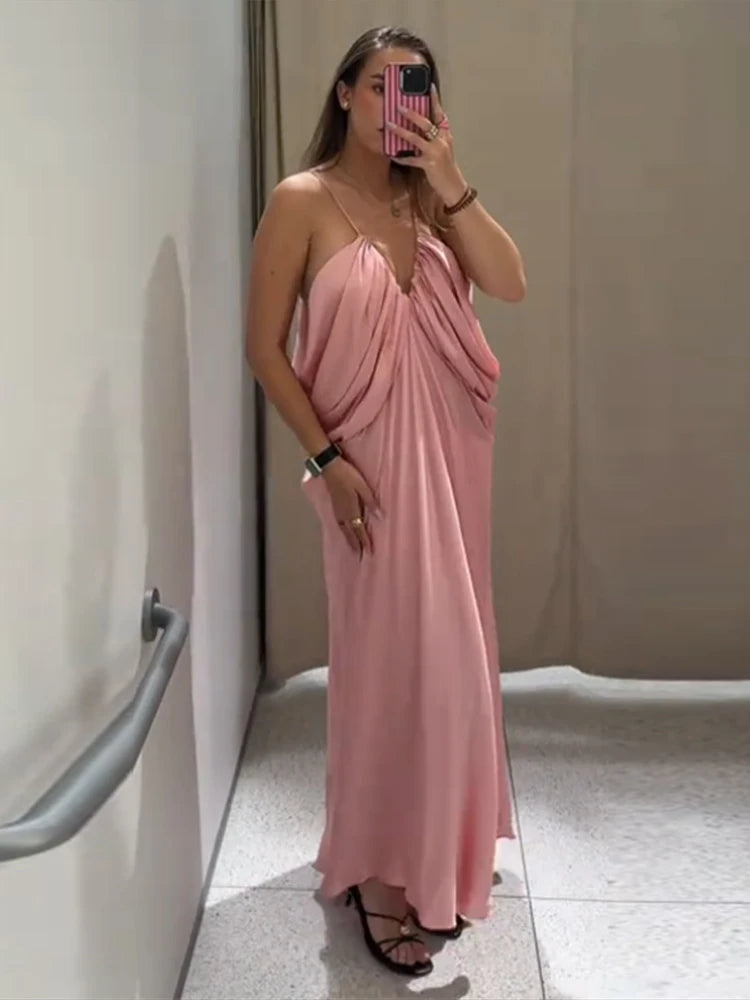 Sexy V-neck Sling Backless Long Dresses Fashion Solid Sleeveless Pleated Hip Packet Maxi Dress Summer Chic Evening Party Robes