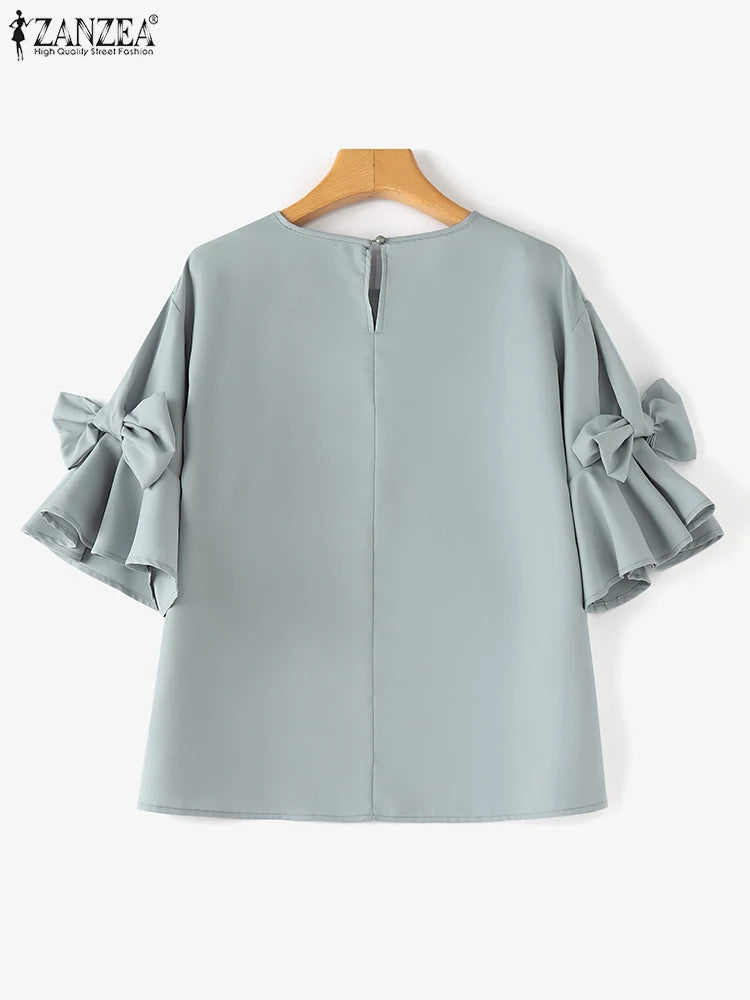 ZANZEA 2025 Summer Tops Women Bow Tie Ruffles Chiffon Blouse Elegant Lantern Short Sleeve Shiirt Vintage Patchwork Korean Tunic