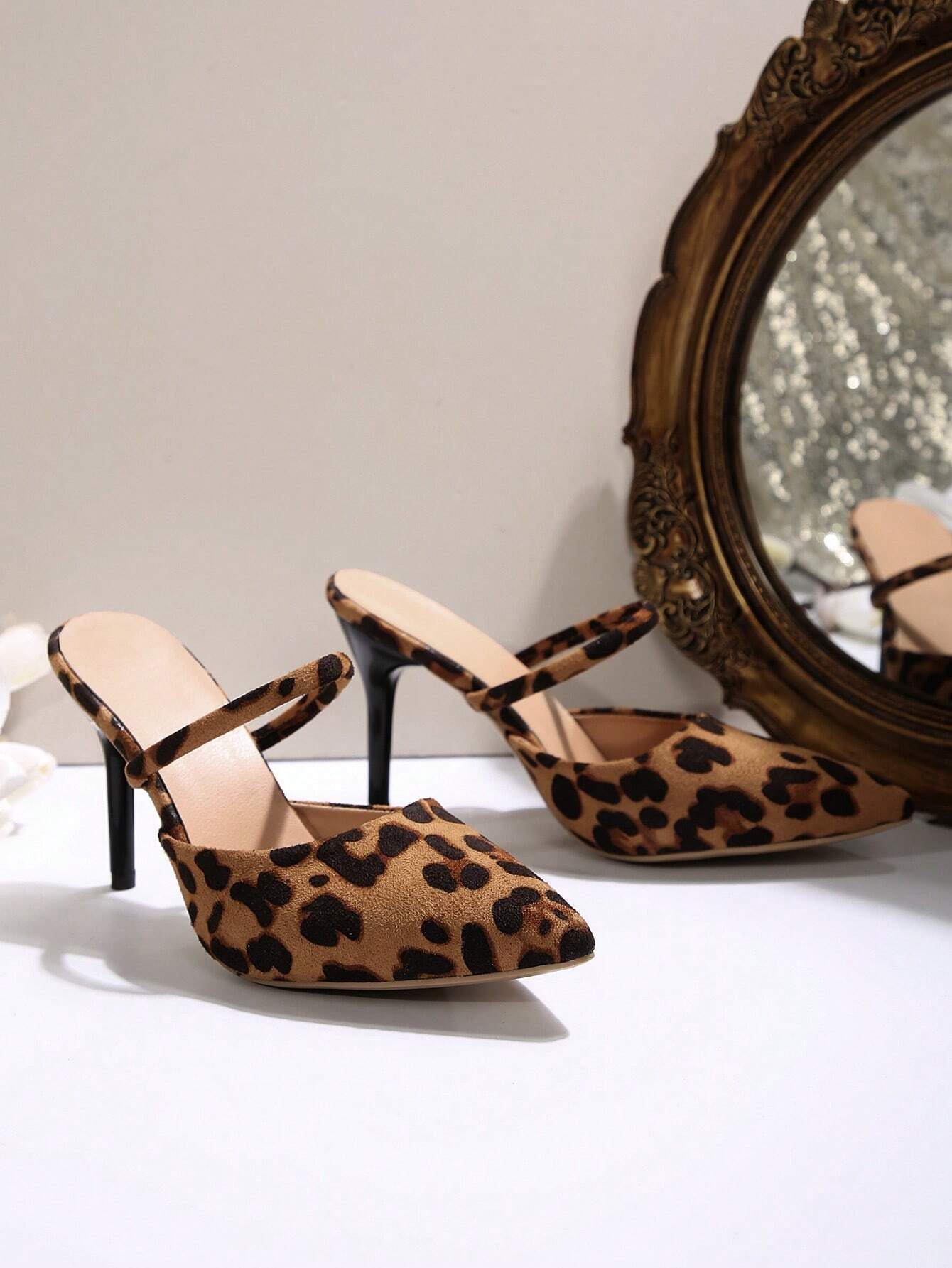 New Arrival Pointed Toe Leopard Print Bow Decor Mid Heel Mules, Fashionable EU Style, Early Autumn