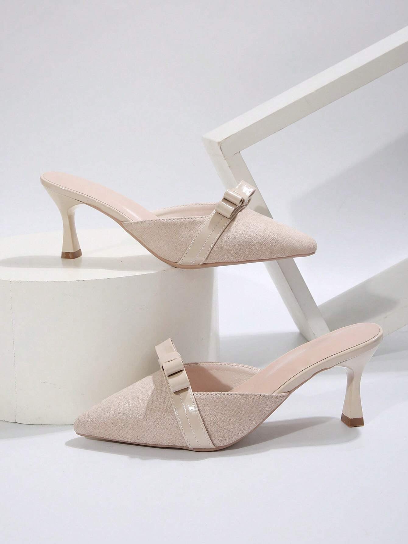New Arrival Pointed Toe Leopard Print Bow Decor Mid Heel Mules, Fashionable EU Style, Early Autumn