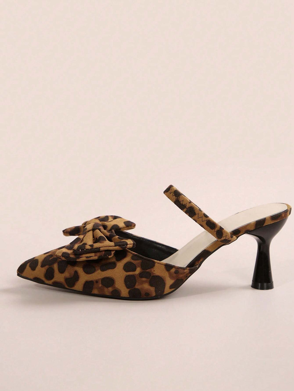 New Arrival Pointed Toe Leopard Print Bow Decor Mid Heel Mules, Fashionable EU Style, Early Autumn