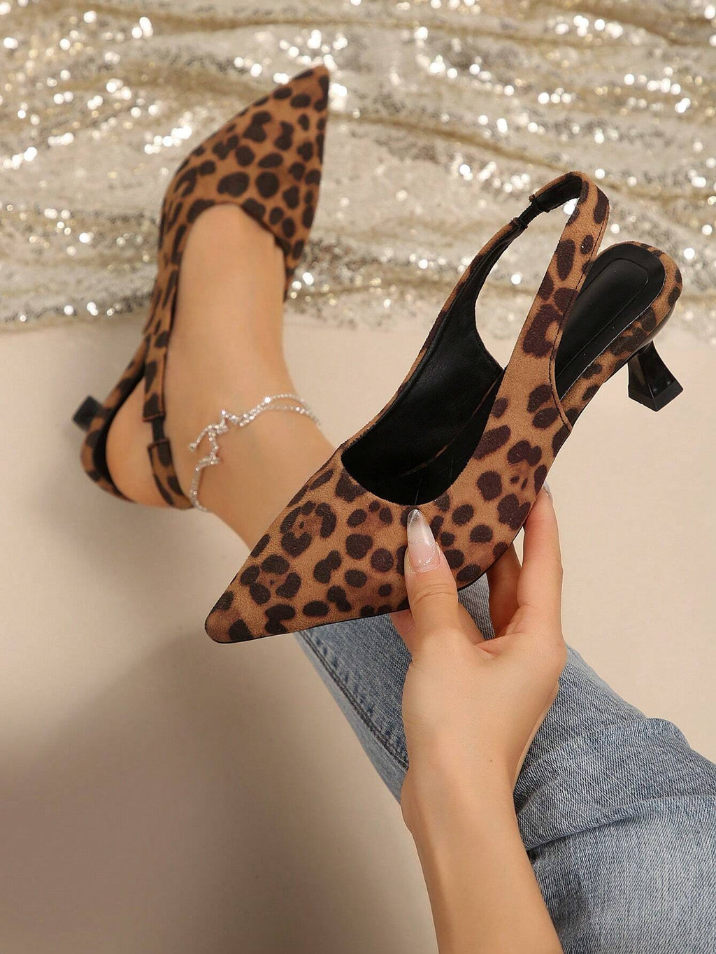 New Arrival Pointed Toe Leopard Print Bow Decor Mid Heel Mules, Fashionable EU Style, Early Autumn