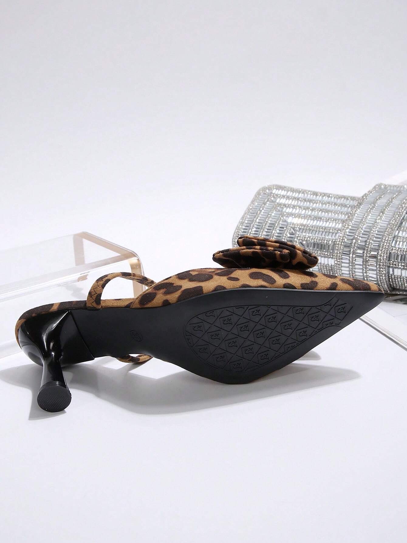 New Arrival Pointed Toe Leopard Print Bow Decor Mid Heel Mules, Fashionable EU Style, Early Autumn