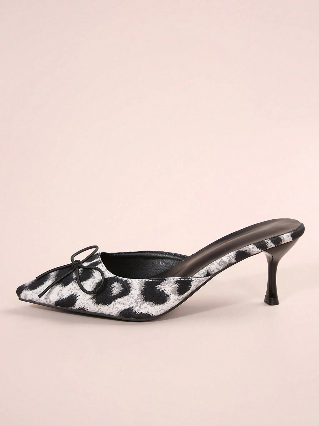 New Arrival Pointed Toe Leopard Print Bow Decor Mid Heel Mules, Fashionable EU Style, Early Autumn