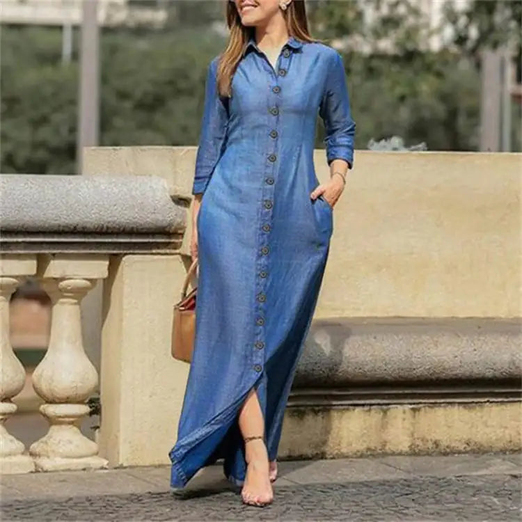 Denim Maxi Dress with Shirt Collar and Button Details